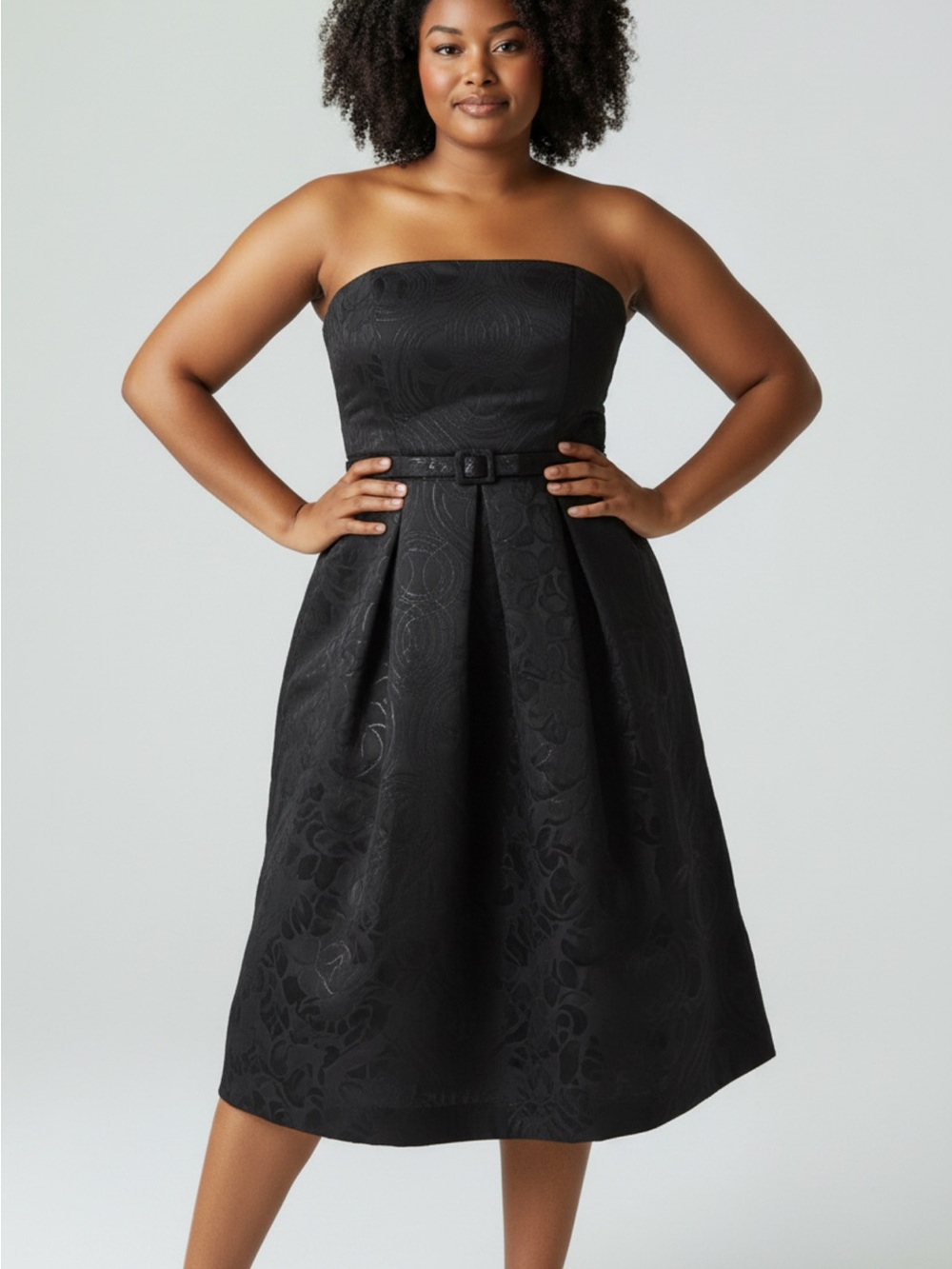 Elegant Strapless Black Jacquard Midi Dress with Belt